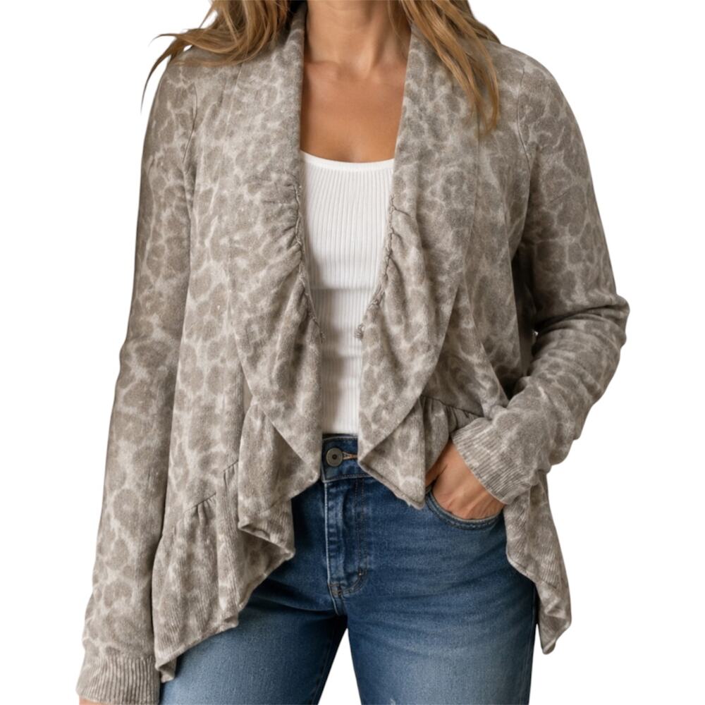 Rebecca Taylor Extrafine Lambswool Cashmere Cardigan Leopard Ruffle Button XS